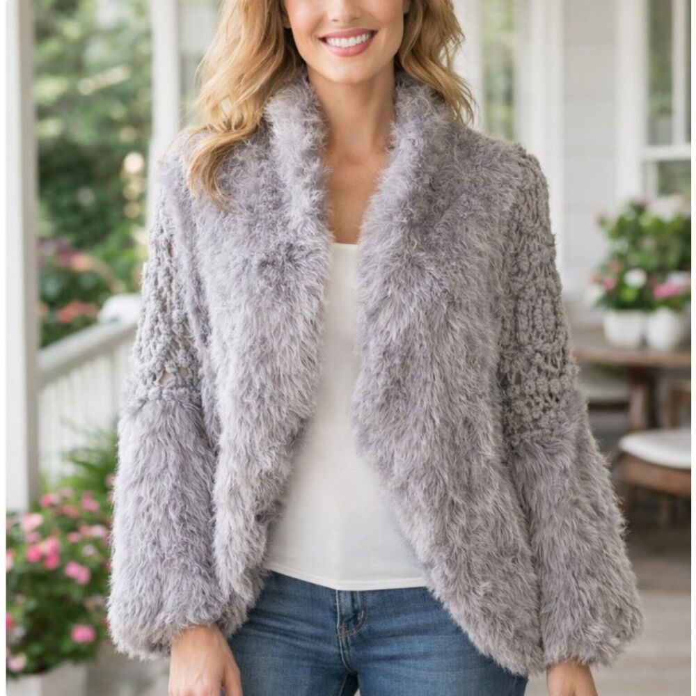 Slonl Cardigan Crocheted Gray Soft Fur Sweater VestWomens Size M